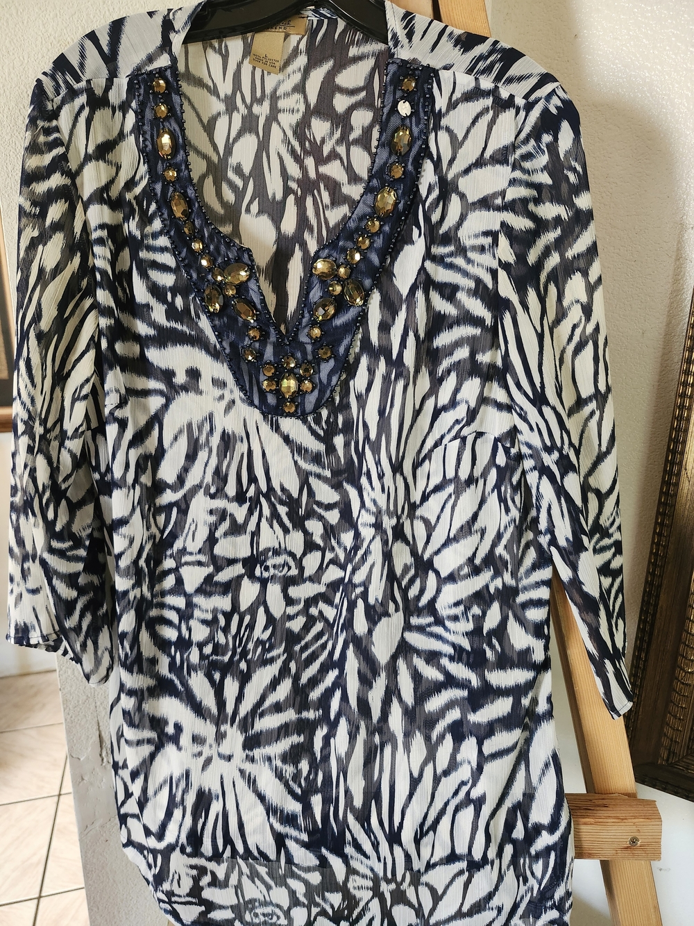 Peck & Peck Navy and White Beaded V-Neck Tunic